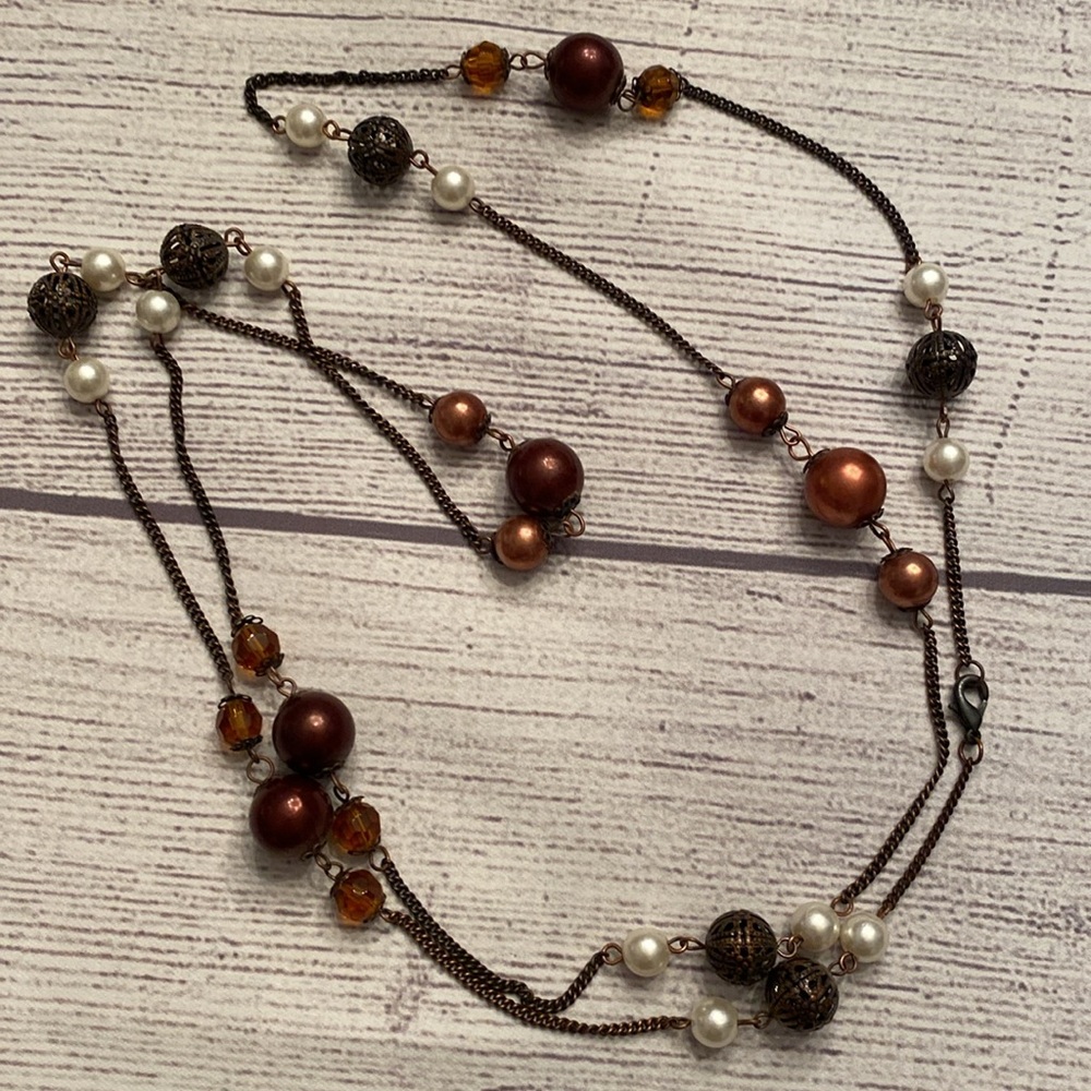Bronze, Pearl, Metal Necklace